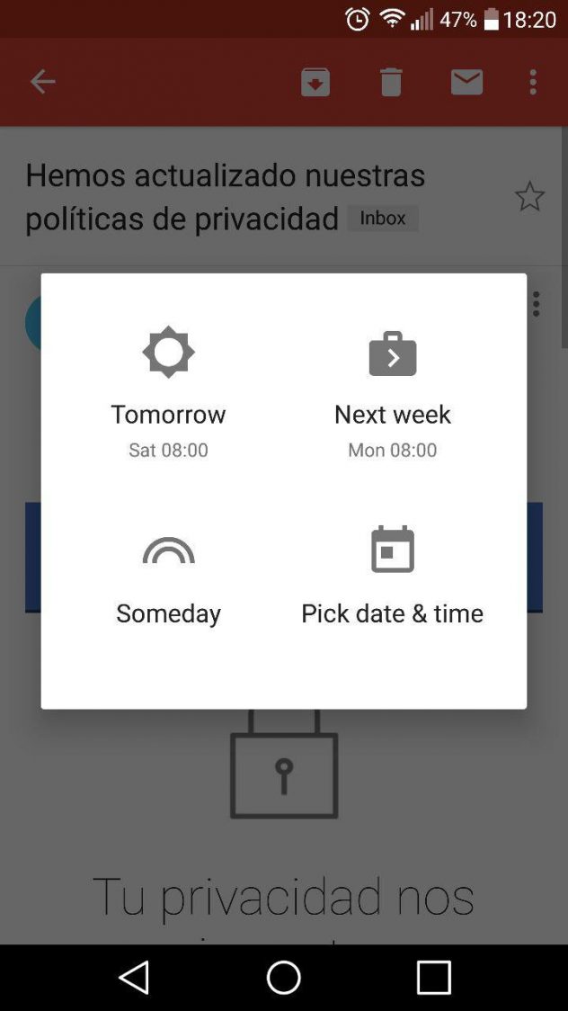 opciones snooze emails gmail